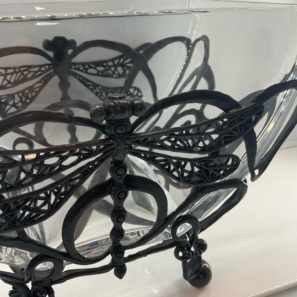 CASTILIAN Poland Crystal Bowl & Dragonfly Hefty Centerpiece 2 Pieces RARE!
